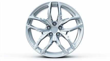 Obraz premium Shiny silver alloy car wheel with a five-spoke design, isolated on white