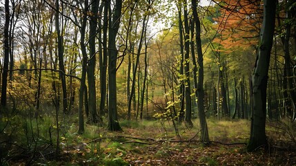 Obraz premium Autumnal Forest Scene with Tall Trees and Golden Sunlight Streaming Through Foliage