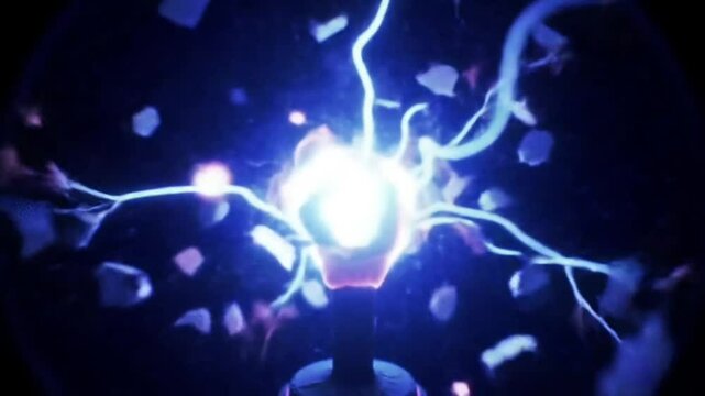 Ledakan futuristik sinematik dari teknologi plasma canggih, di mana energi biru dan ungu yang bercahaya meledak dari inti pusat
