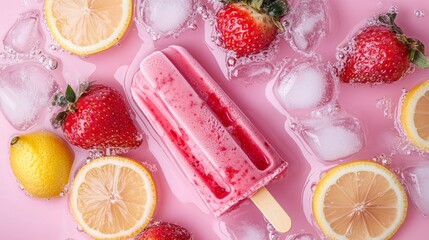 Colorful fruit popsicle surrounded by ice and fresh strawberries and lemons on a pink background