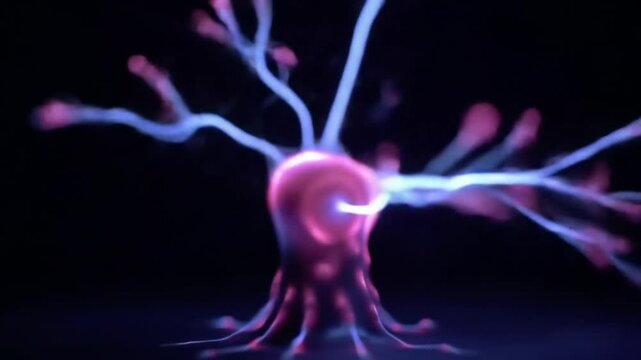 Ledakan fiksi ilmiah surealis dengan letusan plasma biru elektrik dan magenta yang terang, terekam di tengah ledakan