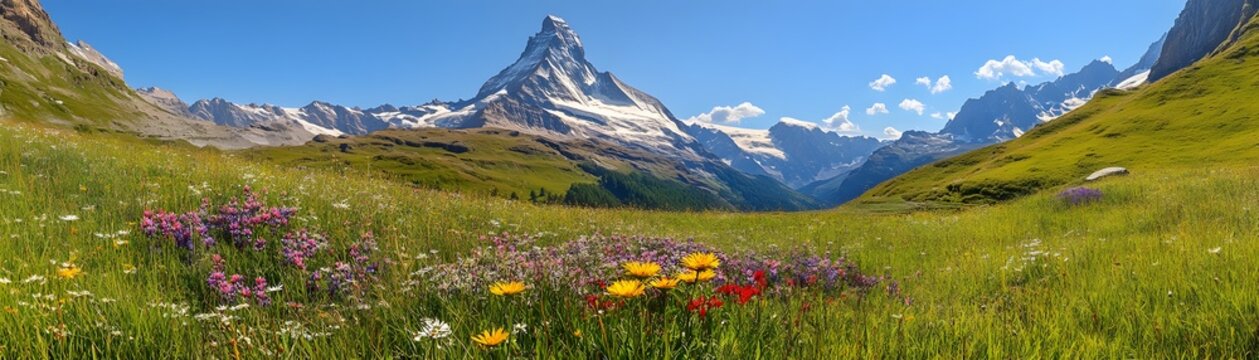 Alpine meadow with wildflowers and majestic mountains