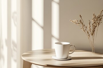 Sunlight streams onto a wooden table, showcasing a white mug