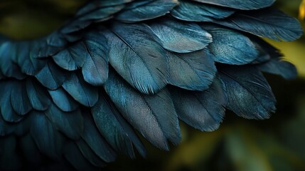 Obraz premium Close-up of layered teal bird wing feathers against blurred green