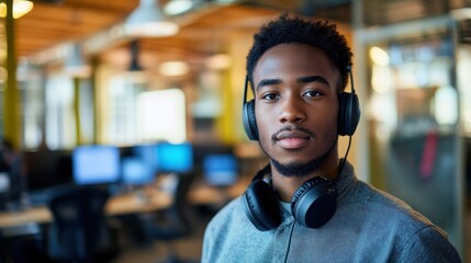 Fototapeta premium A portrait of a young African American software engineer wearing headphones in a modern office setting, showcasing a focus on technology and innovation.