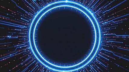 electric blue neon circle, dynamic light trails circling around, rich black backdrop, infinite shimmering pattern, enchanting glitter magic effect, contemporary round frame, designated area for text