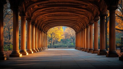 Sunlight streams through a colonnaded parkway.