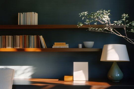 Elegant Modern Home Office Backdrop With Shelves And Gentle Lighting For Zoom Meetings, Inviting And Serene Atmosphere