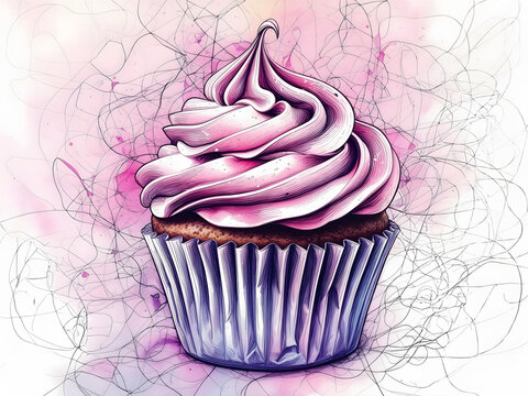 Delicious Pink Cupcake Watercolor Illustration Sweet Treat, Bakery, Dessert