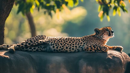 Cheetah sunning on rock outcrop