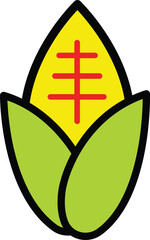 Colorful Corn Icon Illustration with Green Leaves and Red Detail