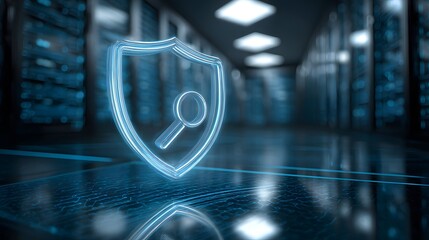 Cybersecurity shield with magnifying glass in a server room, symbolizing data protection, security, and digital investigation.