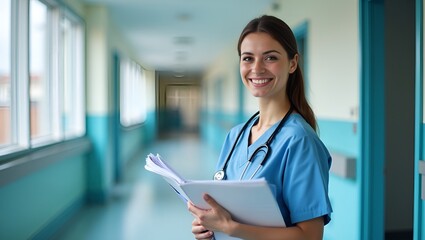 Friendly Nurse in Hospital Corridor Holds Medical Records