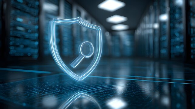 Cybersecurity shield with magnifying glass in a server room, symbolizing data protection, security, and digital investigation.