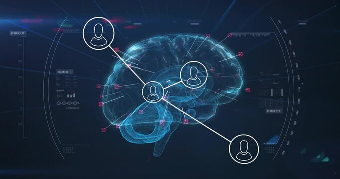 Holographic 3D brain model rotating and glowing blue, network nodes linking around UI panels