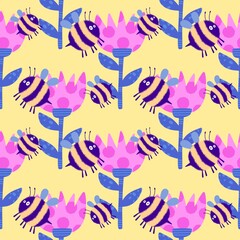 Kids seamless bee pattern for fabrics and packaging and gifts and cards and linens and wrapping paper
