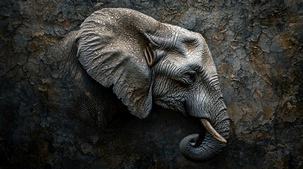 Elephant head sculpted from stone with detailed texture and realistic features