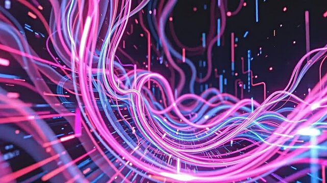 cycled 3d animation, captivating abstract theme, flowing pink and blue neon strands, creating intricate patterns of movement, resonating vibrations of light, futuristic ambiance