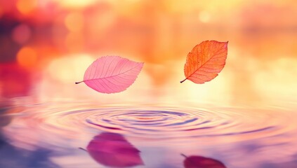 Two vibrant autumn leaves, pink and orange, float above rippling water.  Soft, warm light