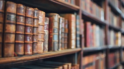 Obraz premium Close Up Of Vintage Books Lined On Wooden Shelves In Library Setting