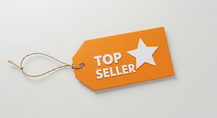 Orange label with the phrase "Top Seller" and a white star printed in the center, with paper string attached, positioned on a white background. Soft lighting and top angle.