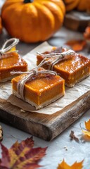 Pumpkin bars tied with twine, on parchment paper, with autumn leaves