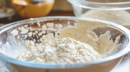 Fototapeta premium Close Up View Of Flour In A Glass Bowl On Wooden Surface Preparation For Baking