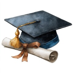 Watercolor Graduation Cap and Diploma Clipart, A watercolor clipart illustration of a graduation cap with a diploma tied in a ribbon. High quality