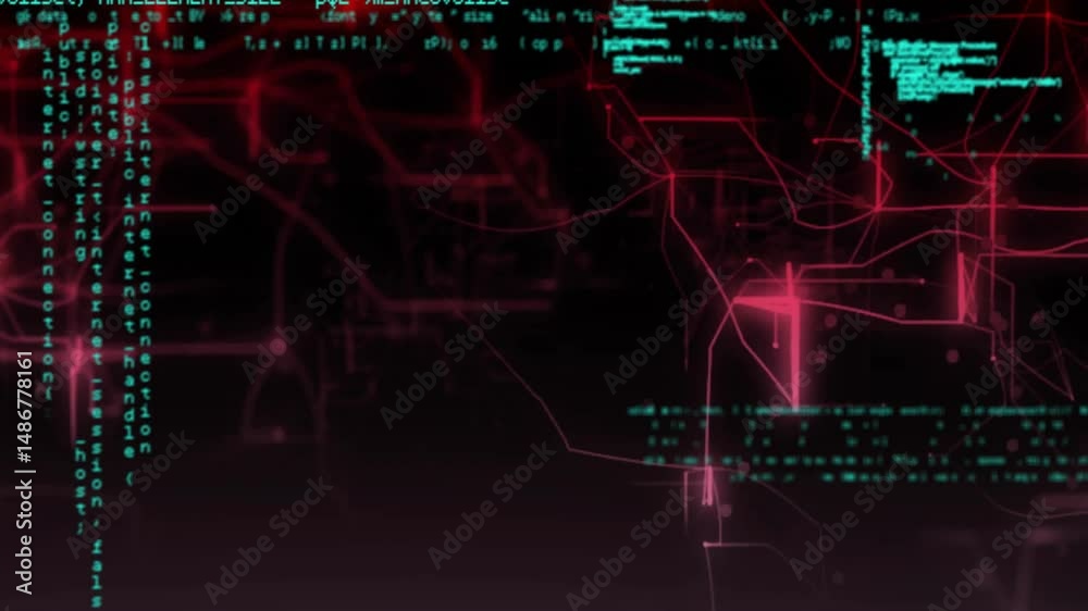 Poster Visualizing futuristic data network in dark animation with teal code and neon magenta circuits