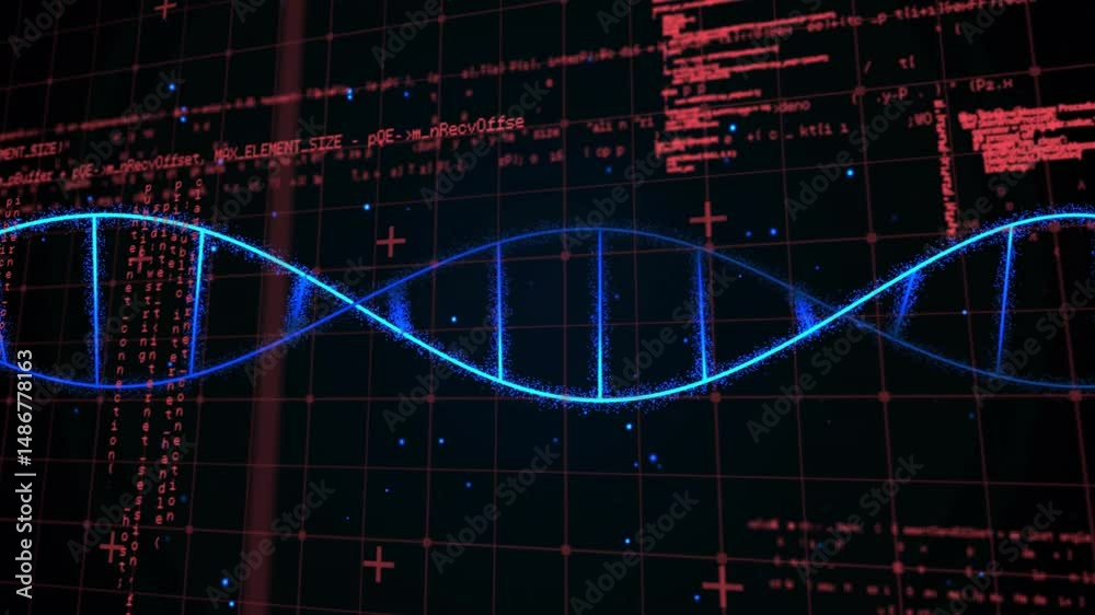 Poster Glowing blue helix running across dark grid lines with nodes showing red code fragments