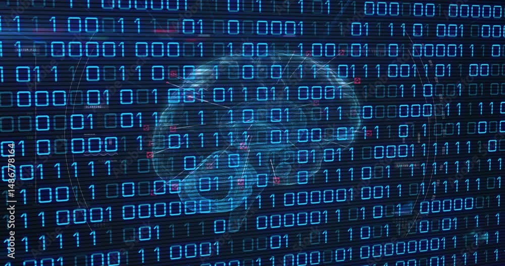 Aufkleber translucent 3d brain hologram hovering in dark binary grid, showing data scanning lines