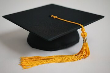a black graduation cap with a yellow tassel. High quality