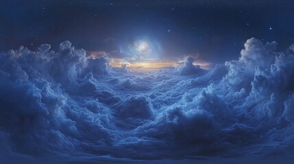 Naklejka premium Heavenly panoramic vista of fluffy clouds, twilight sky, and spiral galaxy