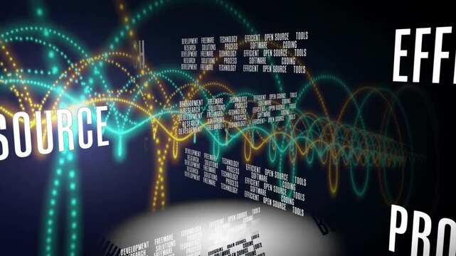 3D open source text floating beside panels showing tech terms with neon waveforms in digital grid