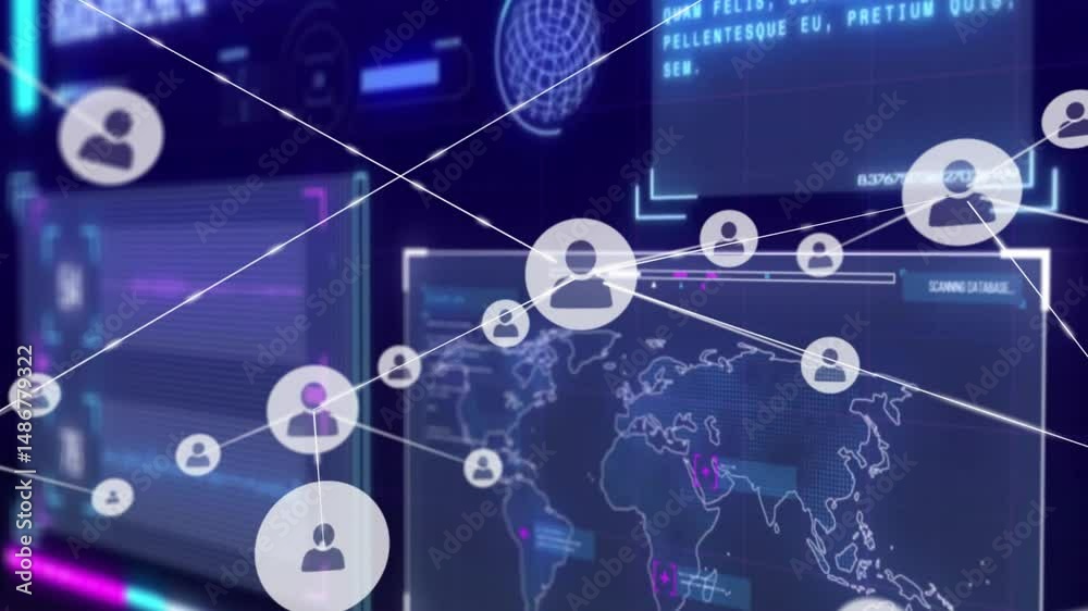 Poster futuristic 3d render dashboard illustrating user icons connecting across world map with neon ui