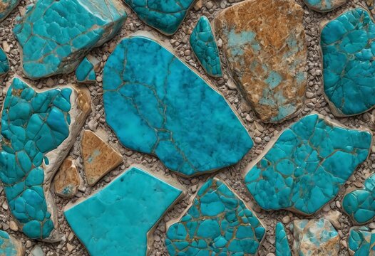 Sparkling turquoise nevada blue mineral stones lay scattered, showcasing intricate patterns and vivid hues against a backdrop of earthy tones. Nature artistry is on full display Generative AI