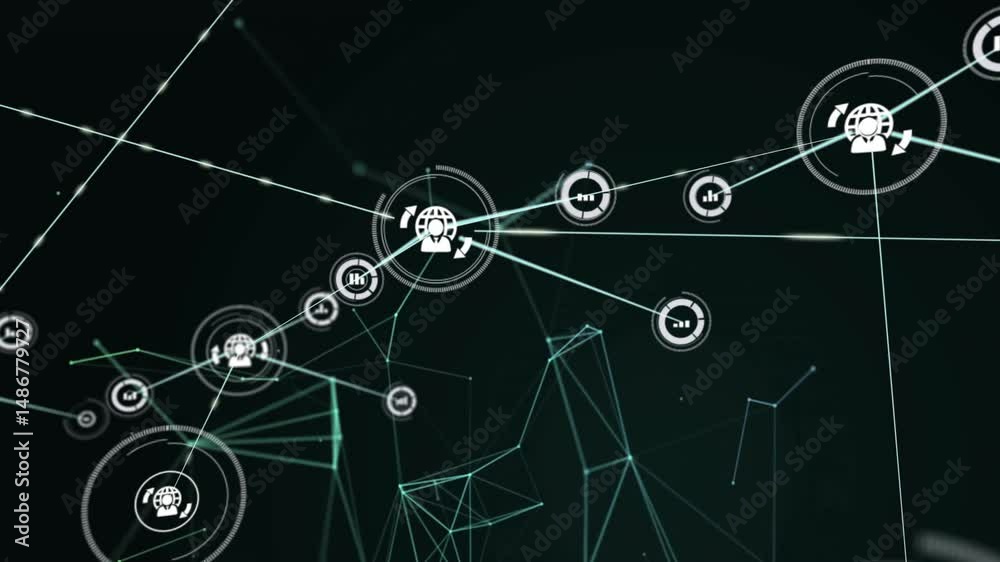 Poster 3d network visualizing glowing globe icons and bar charts, linking nodes with wireframe shapes