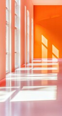 Interior corridor with orange walls and sunlit windows