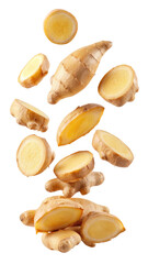 Flying Ginger Root and Half Slices isolated on transparent white background, clipping path