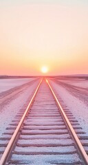 Obraz premium Sunset over a salt flat railway tracks. Soft pastel colors. Empty landscape