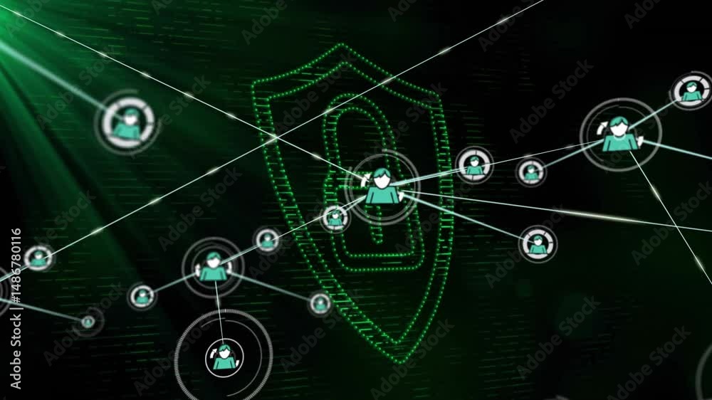 Poster Central shield being highlighted while protecting user nodes, using flat design and code pattern