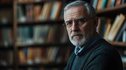 Fototapeta premium An elderly European male librarian poses in a serene library setting, showcasing a thoughtful and serious expression, surrounded by rows of books.