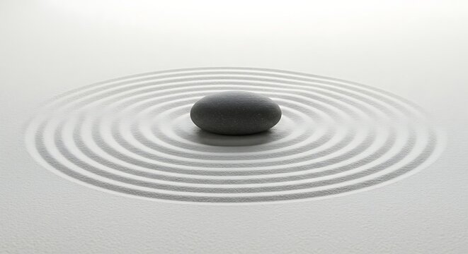 A raked zen sand garden with a single stone in the center, creating calming ripple patterns, centered on a plain white background
