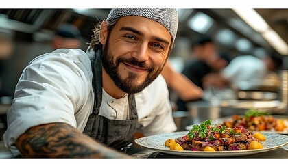 Smiling chef presenting delicious food in restaurant kitchen