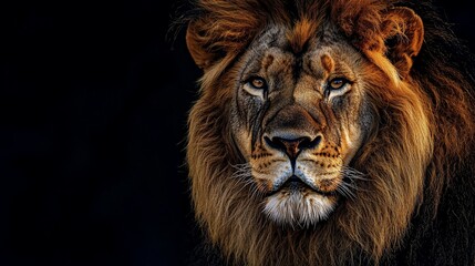 Fototapeta premium Majestic lion portrait. Powerful gaze, rich mane, dark background. Close-up view