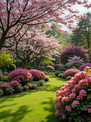 Obraz premium Beautiful Garden with blooming trees and bushes during spring time, England, Wales, UK, early spring flowering azalea shrubs, banner size