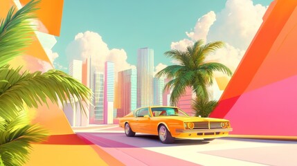 Obraz premium Vibrant city scene with a classic car driving along a road lined with palm trees and geometric shapes. Sunny sky