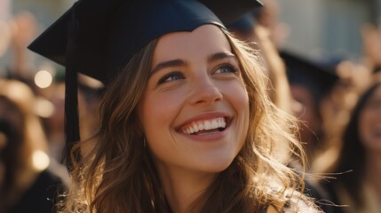 Portrait of beautiful happy girl in graduation attire among jubilant graduates in outdoor setting. Generative AI. High quality