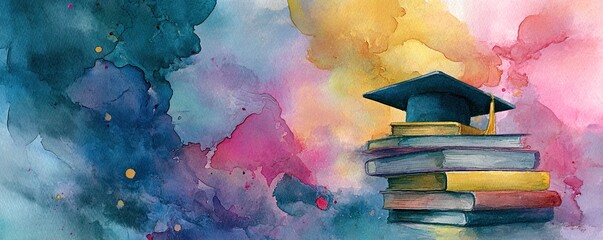 Elegant watercolor artwork of graduation cap and books, colorful abstract background, merging tradition and modern creativity in education. High quality