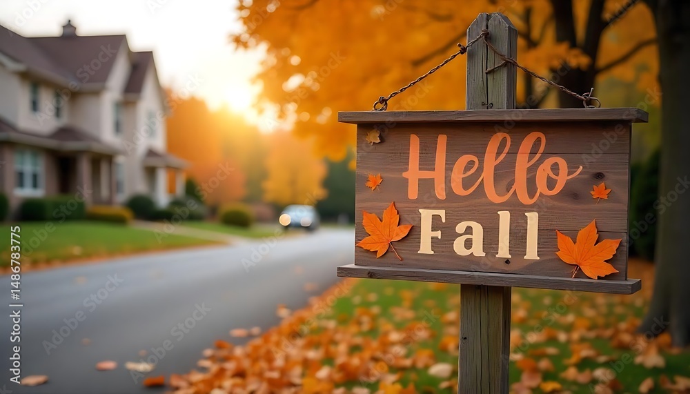 Fototapete hello fall sign on a residential street with autumn leaves, autumn grape leaf vector frame with copy